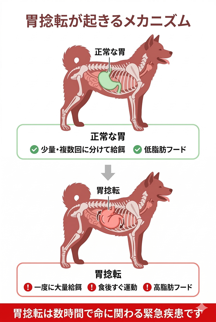 秋田犬に多い胃捻転のメカニズムと原因を示す図解：正常な胃の状態と胃捻転が起きた状態の比較イラスト