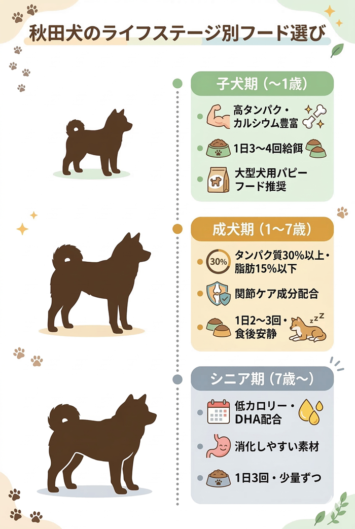 秋田犬のライフステージ別ドッグフード選び：子犬期・成犬期・シニア期の3段階でのフード選びポイントを示すタイムライン図解