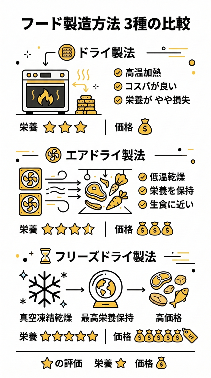 製法比較（ドライ・エアドライ・フリーズドライ）